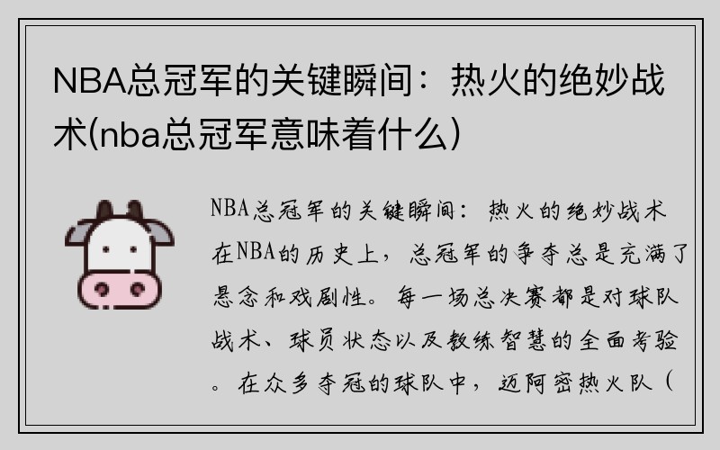 NBA总冠军的关键瞬间：热火的绝妙战术(nba总冠军意味着什么)